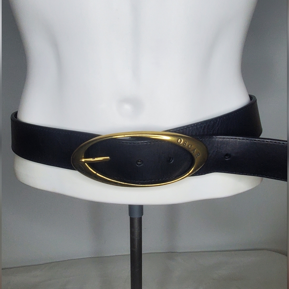 Oscar De La Renta 38"x 1 1/2" inch Black Leather Belt with Gold Brass Buckle - Picture 2 of 8